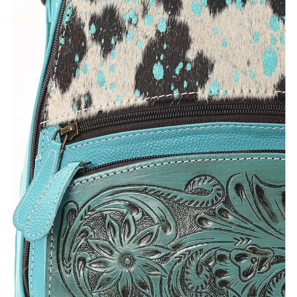 Unisex Cowhide Hair On Leather Sling Backpack Hand Tooled Western Crossbody Arm Bag