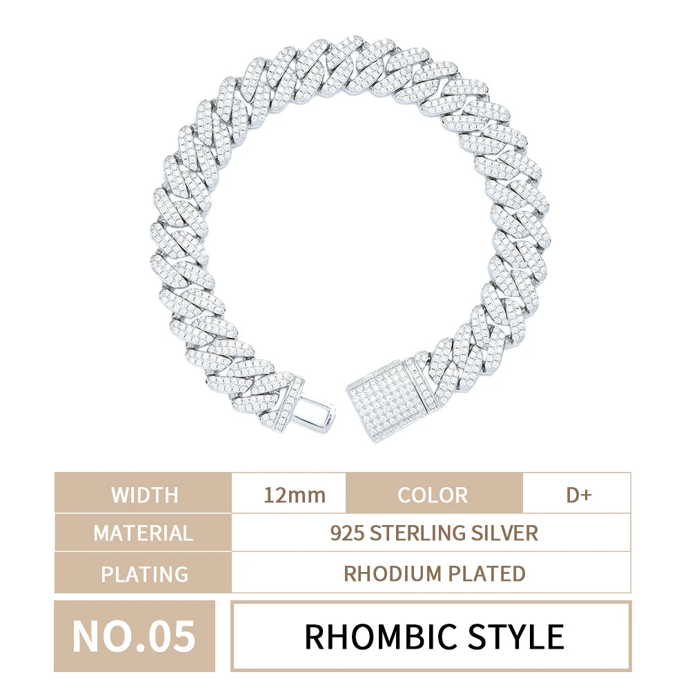 Custom Luxury 12 16 20 mm Full Iced Out Hiphop Moissanite Diamond Miami Silver Cuban Link Chain Bracelet in Silver 925 for Men