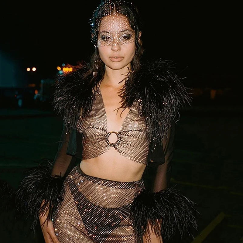 Sexy Rhinestones Fishnet Party Crystal Deep V Crop Top Rhinestone Chainmail Halter Draped Bra Ladies Club Crop Top