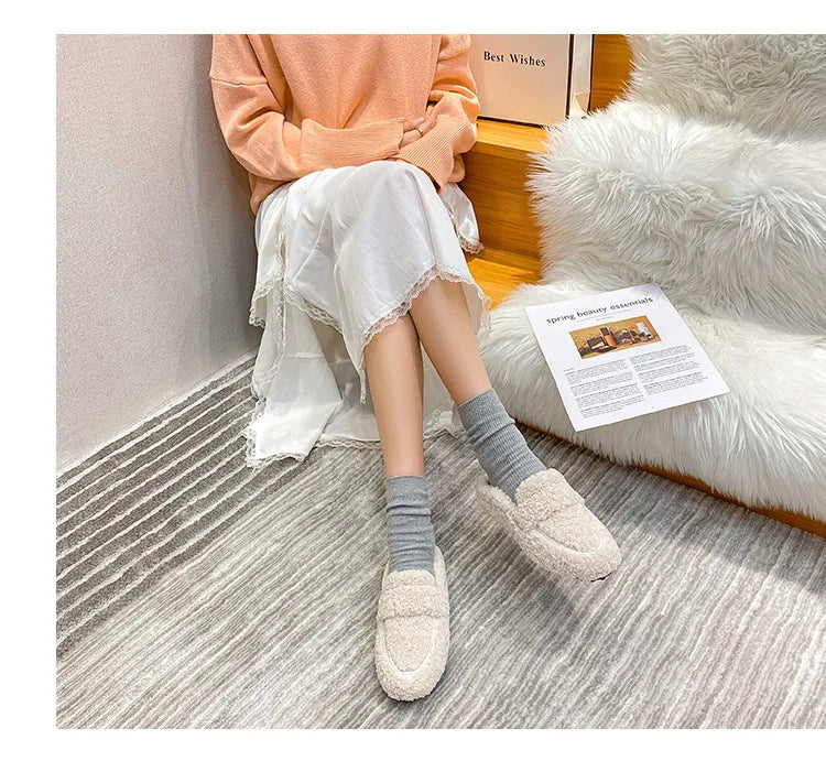 Winter Warm Plush Mules Women One Band Fur Slippers Cozy Cotton Shoes Woman Flats Cover Toe Fleeces Slides Femme Wool Pantuflas