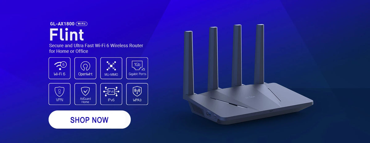 GL.iNet GL-AX1800 (Flint)  WiFi 6 Router Home Secure Router -Dual Band Gigabit Wireless Internet Router, 5 x 1G Ethernet Ports, Up to 120 Devices, OpenVpn&WireGuard