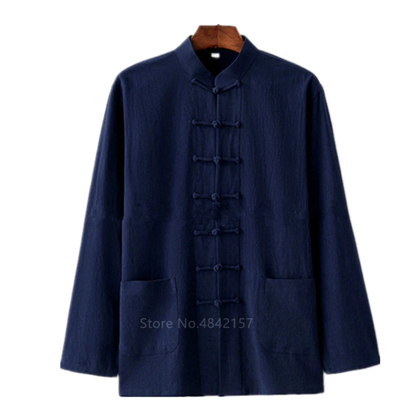 Traditional Chinese Style New Year Hanfu Men Tops Kung Fu Solid Linen Tai Chi Wushu Outfit Vintage China Shirt Clothing