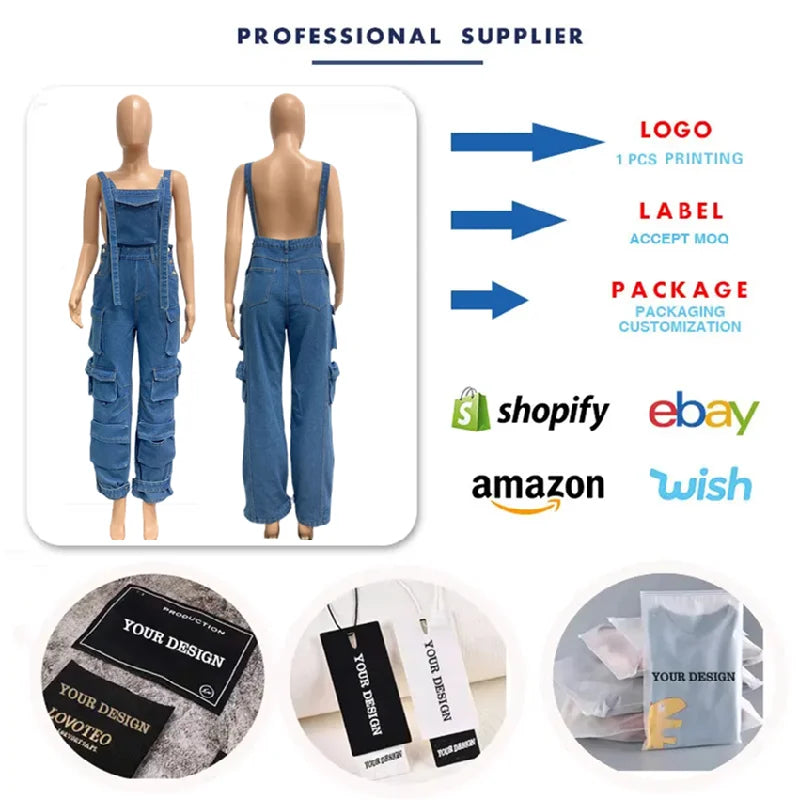 NY8160 High Quality Fashion Cargo Denim Jumpsuits Women Wide Leg Overalls Loose Strap Jean Jumpsuit Women
