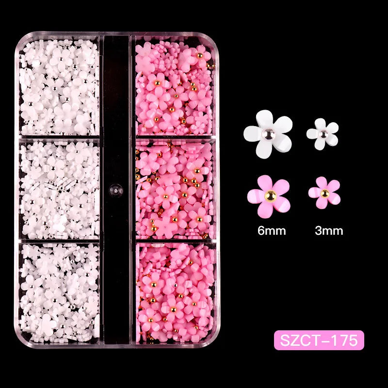 Nail Jewelry Wholesale Cute Three-dimensional Small Flowers 6-grid Plastic Box Mixed Resin Five-petal Flower Nail Accessories
