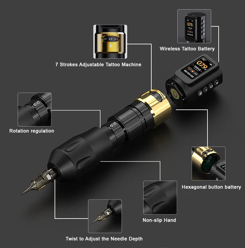 1700Mah 12V Yilong  Wireless Tattoo Machine Pen  Custom Logo Rotary Tattoo Pen LED Screen Adjustable Stroke