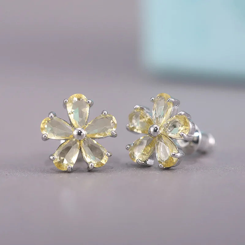 Silver Plated Blue Gemstone Flower Stud Earrings For Women Party Fashion Jewelry Alloy Earring With Claw Setting