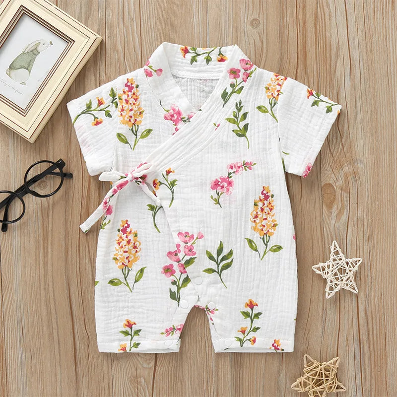 0-18M Summer Baby Girl Boys Clothing  Rompers Jumpsuit Short-sleeved Floral Print  Cute Soft Newborn Infant Baby Kimono Playwear