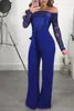 OEM ODM Women Clothing Elegant Overalls Off Shoulder Slash Neck Embroidery Lace Office Casual Jumpsuit