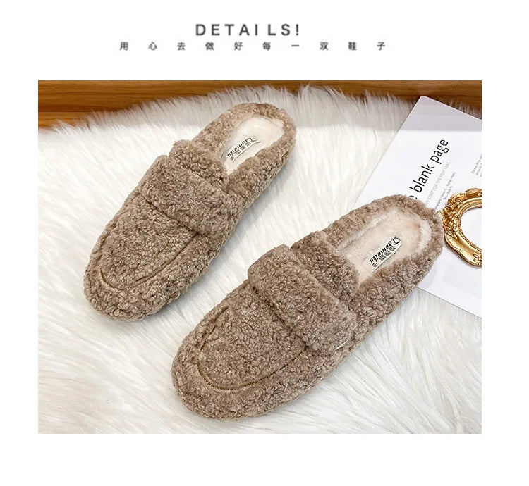Winter Warm Plush Mules Women One Band Fur Slippers Cozy Cotton Shoes Woman Flats Cover Toe Fleeces Slides Femme Wool Pantuflas