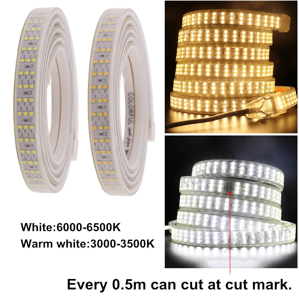 220V 110V LED Strip Waterproof Outdoor High Brightness Three Row 264 276Leds/m SMD 2835 Flexible Ribbon Led Light Lamp