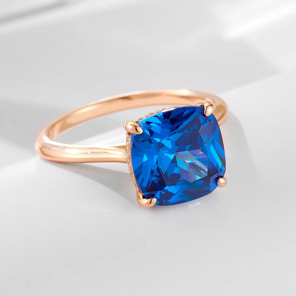 Luxury High Quality Silver Ring 925 Sterling Jewelry Rose Gold Plated Cushion Sapphire Blue Zircon Gemstone Rings Jewelry Women