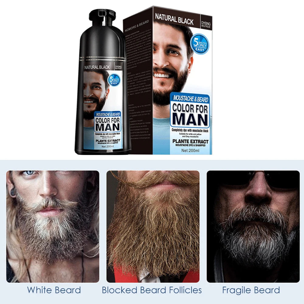 200ml Natural Long Lasting Permanent Black Beard Dye Shampoo For Men Beard Dying Removal White Gray Beard Hair