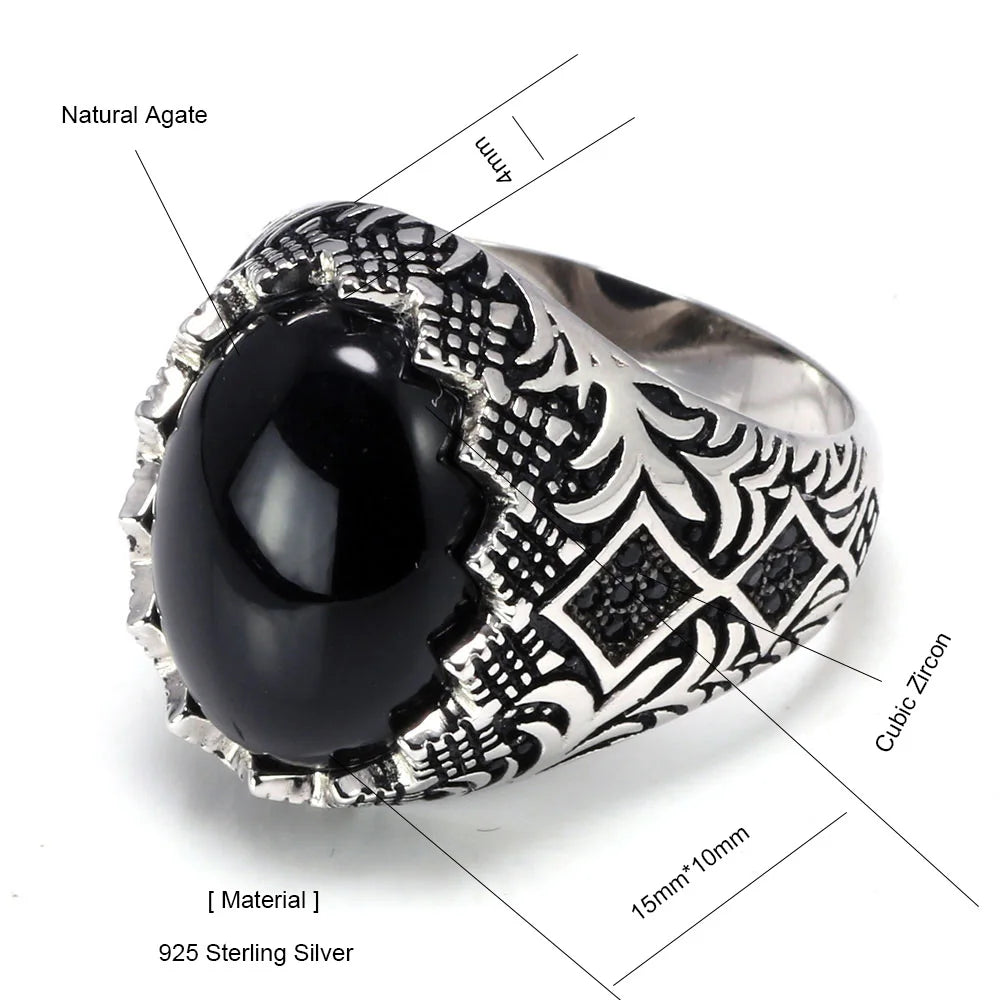 Guaranteed 925 Sterling Silver Black Rings for Men Retro Vintage Flowers Turkish Ring Jewellery With Stone Turkey Jewelry