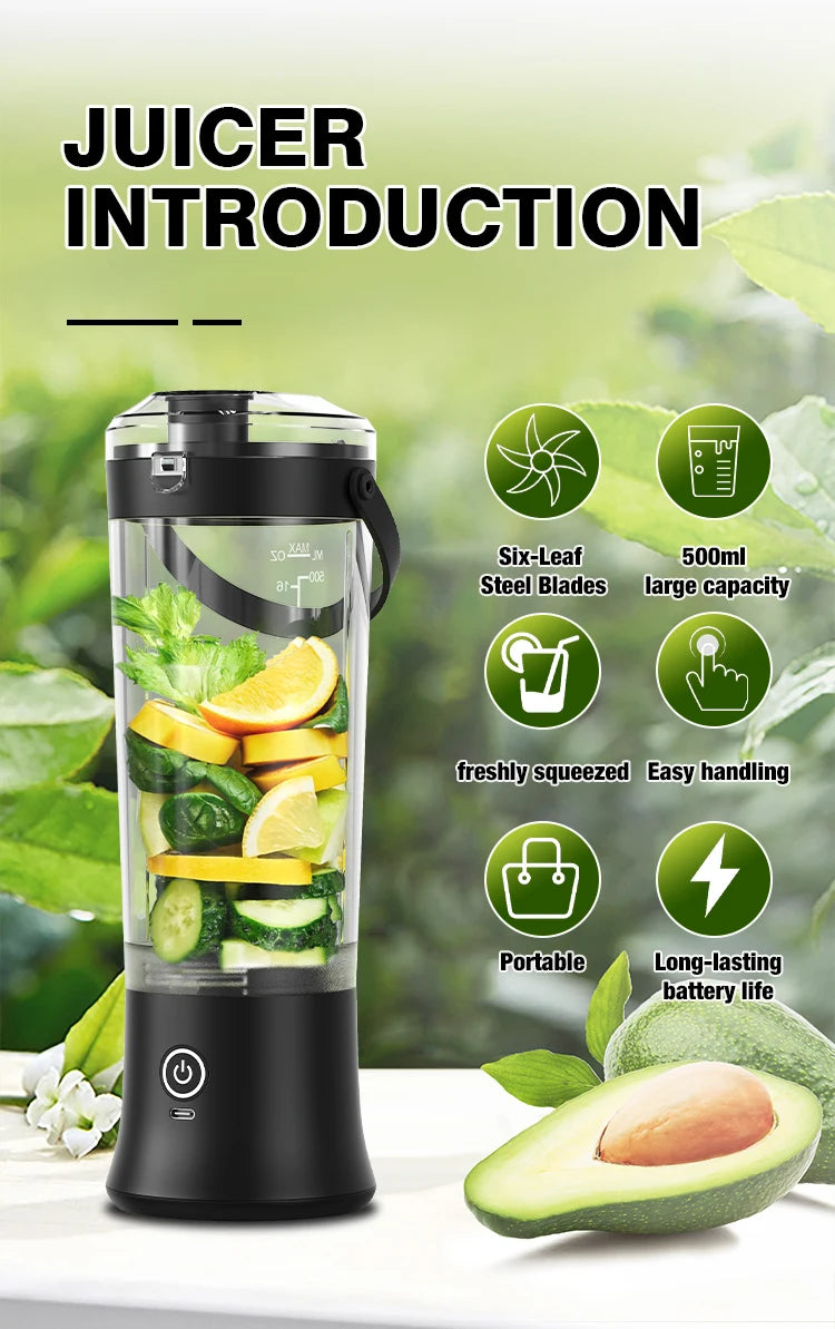500ML Cordless Personal Blender USB-C Rechargeable Self Cleaning Mini Juicer Travel Spout Strap 4000mAh Smoothie Stainless Steel