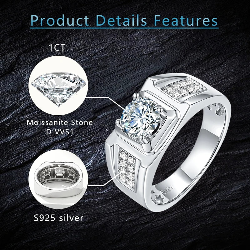 Sterling Silver 925 Ring Moisssnite Diamond Men Ring 1CT D Color Engagement Moissanite Men Rings