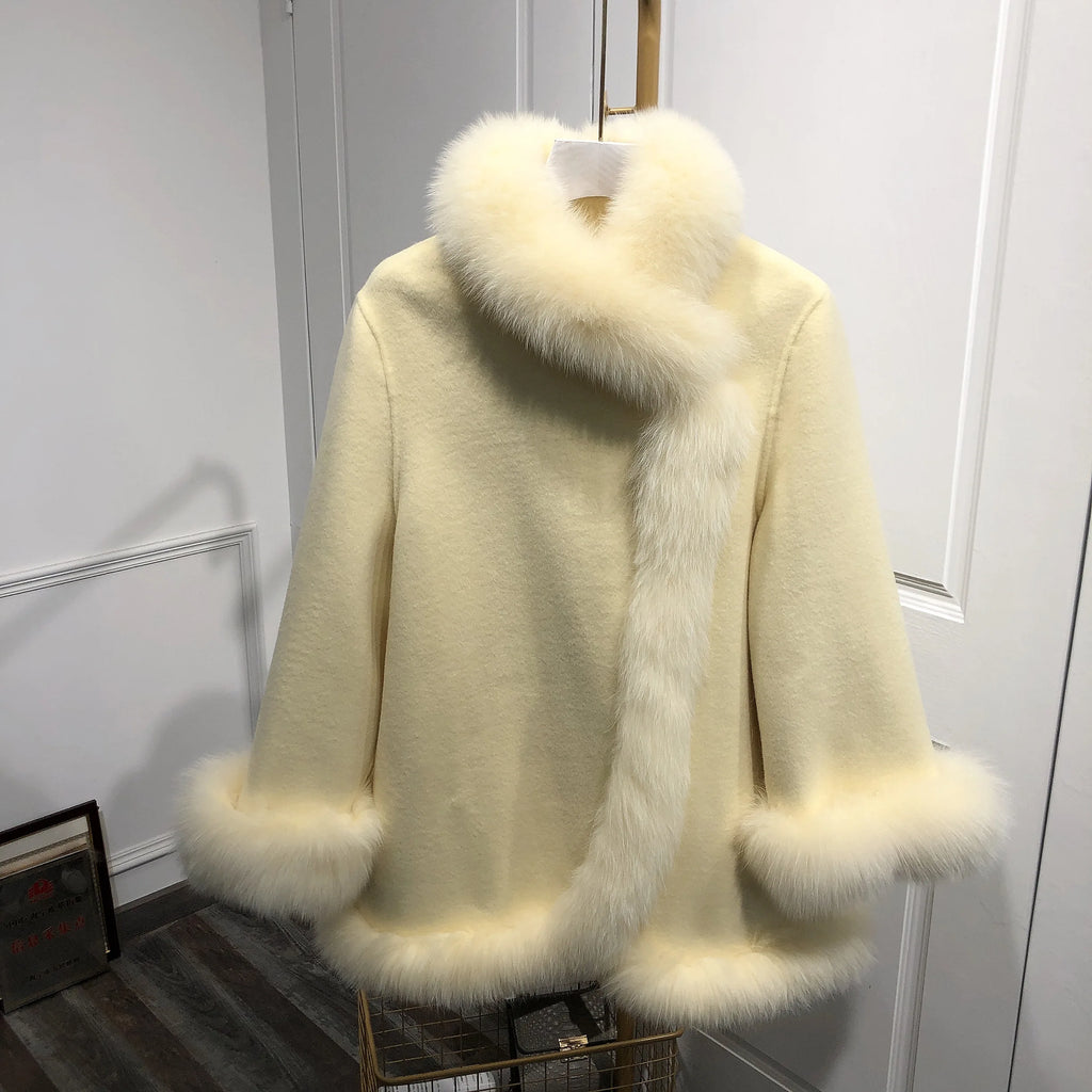 White fox Fur Trim Woolen Overcoat Female Winter Thick Clothes Long High-end Slim Cashmere Coat With Fox Fur Collar Cuffs