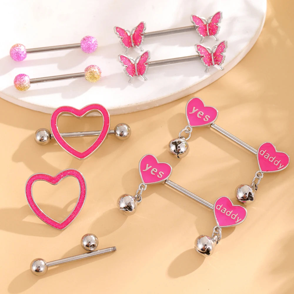 4-Pair Set Personalized Pink Oiled Heart-Shaped Bell Stainless Steel Nipple Rings Wedding Chest Piercing Jewelry Gift for Women