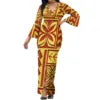 Hot Selling Flower Polynesian Tribal Bell Sleeve V Neck Long Maxi Slit Dress Custom Plus Size Womens Dresses Island Style Dress