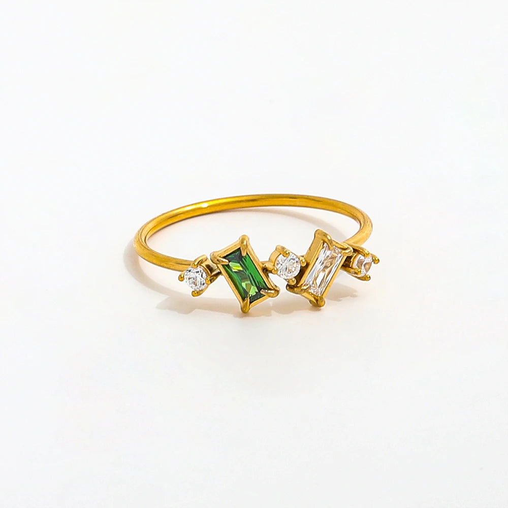 Joolim Women's Dainty Colorful Round Rectangle Zirconia Ring 18K Gold Plated Stainless Steel Jewelry Wholesale Non-Tarnish Rings