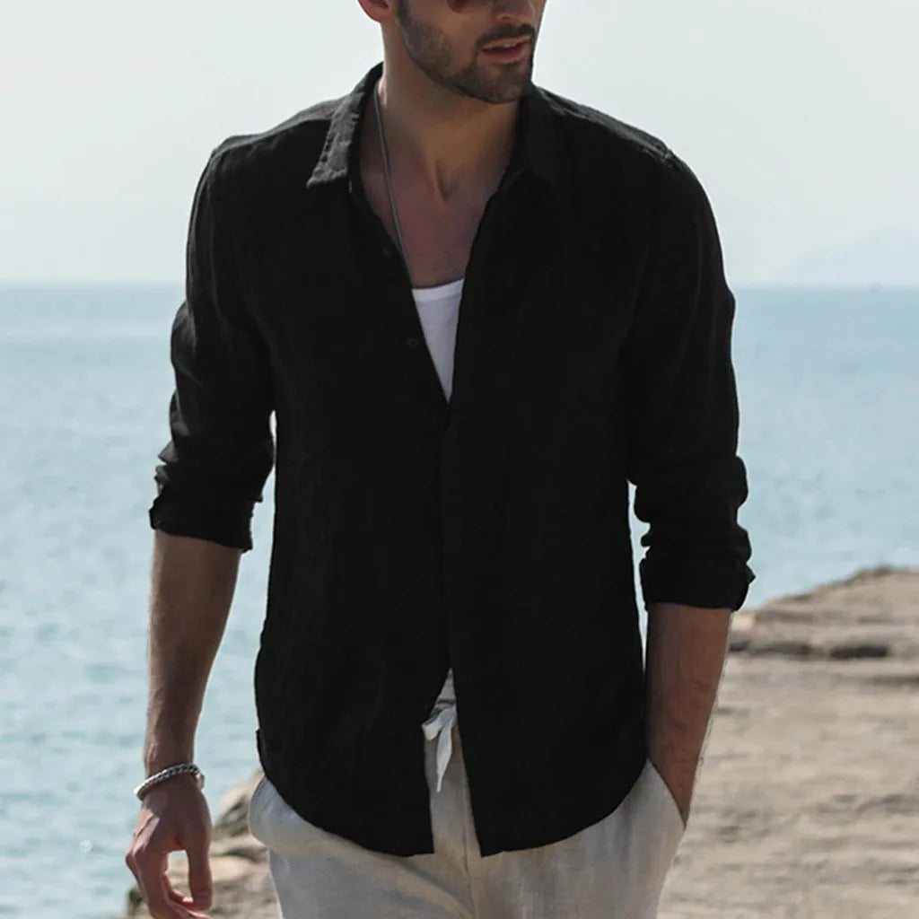 Men Spring Cotton Linen Long Sleeve Button Solid Color Shirts Lapel Collar Men's Tops Cardigan Blouse T-shirt Casual Shirt