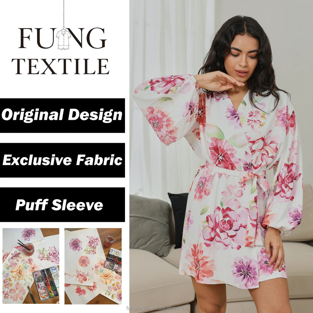 FUNG 8008 Watercolor Floral Bridesmaid Satin Robe, Puff Sleeve Bachelorette Party Kimono