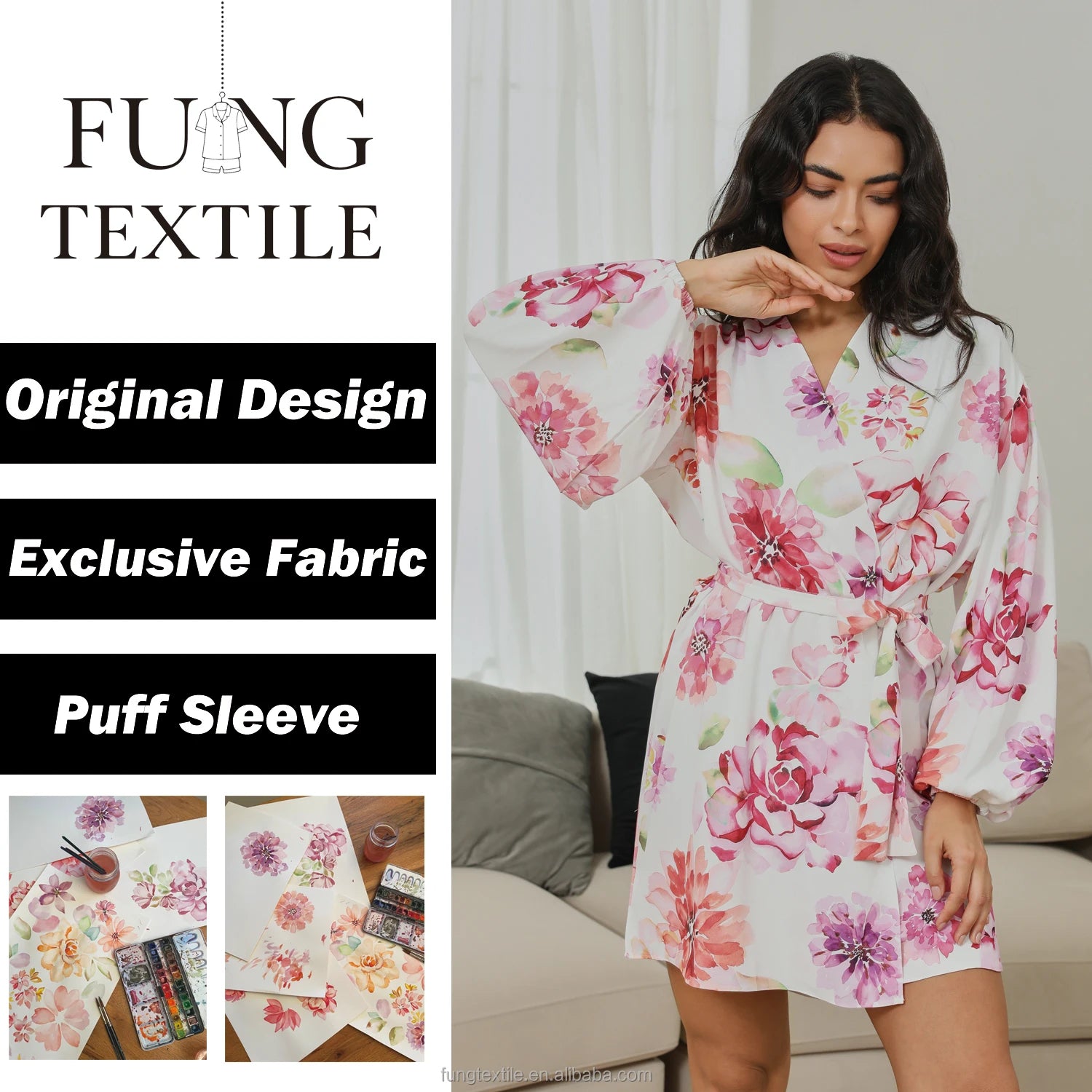 FUNG 8008 Bridal Party Floral Satin Robe, Watercolor Print Puff Sleeve Loungewear for Bridesmaids