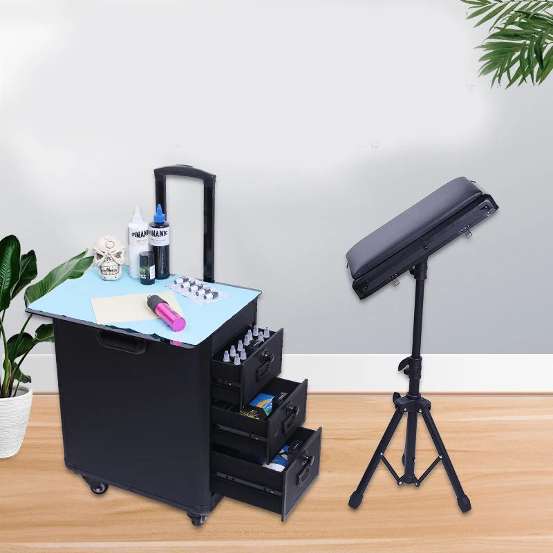 Professional Acrylic Contemporary Rolling Makeup Tattoo Trolley Case with Wheels Armrest Stand Storage Organizer for Home Office