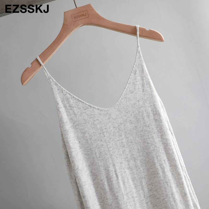 Ezsskj Spring summer 2020 Woman Knitted Tank Dress Casual Long Camisole Vest dress Women Loose  cashmere maix a-line dress