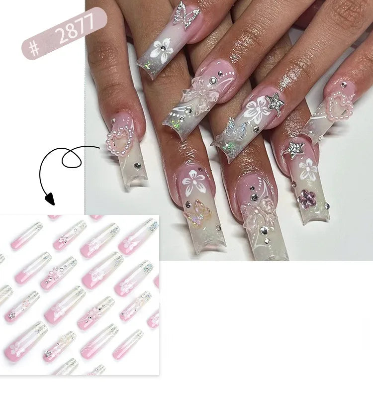 Dropshipping 24 Pcs French Style Romantic Art Acrylic Press on Nails Artificial Fingernails Candy False Nails Dating  Party 2792