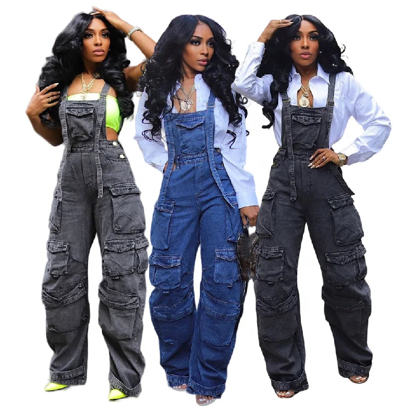 NY8160 High Quality Fashion Cargo Denim Jumpsuits Women Wide Leg Overalls Loose Strap Jean Jumpsuit Women