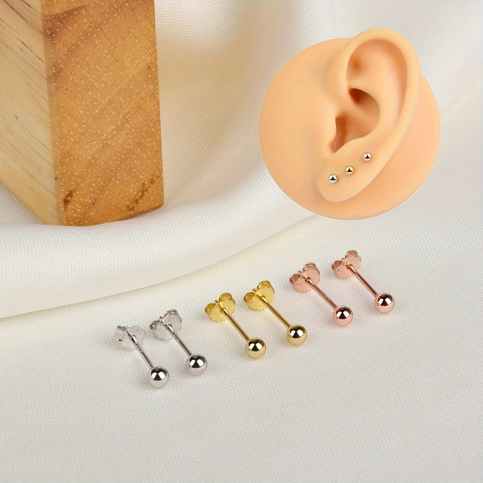 Lanshang Fine Stud Earrings 925 Sterling Silver Gold Plated Jewelry  for Women Men Tiny Ball Earrings