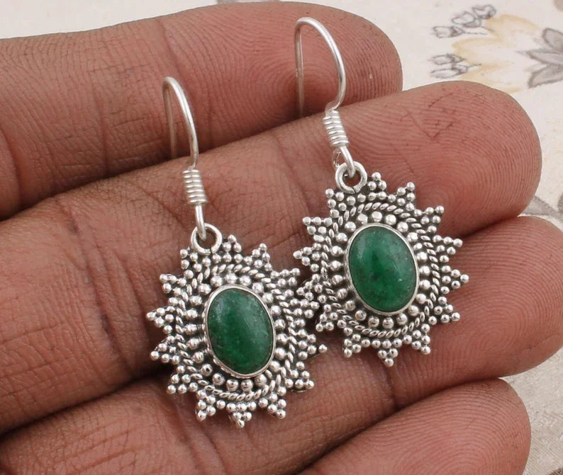 925 Sterling Silver Boho Earrings with Emerald Gemstone Cabochon Antique Silver Handmade for Weddings
