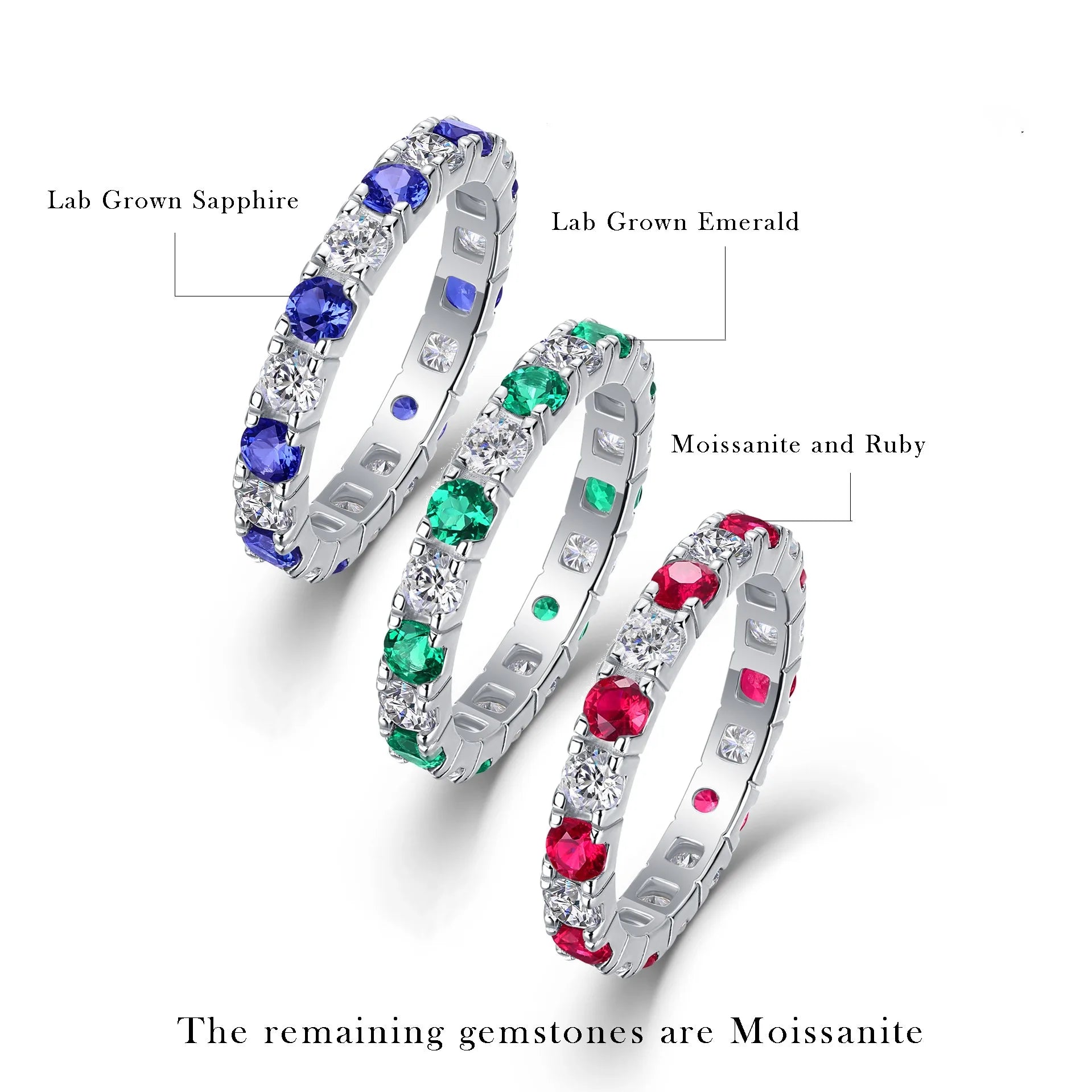 Pass Diamond Tester 3MM Lab Grow Emerald GEM Main Stone Band Solid 925 Silver VVS Moissanite Eternity Band Rings for Women