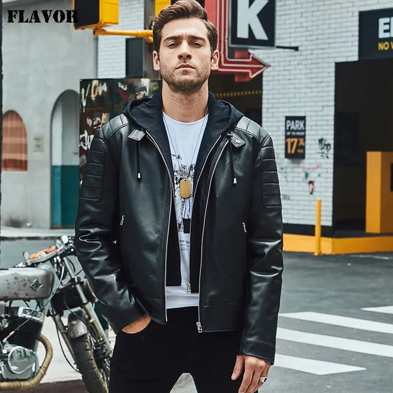 FLAVOR Men's Leather Motorcycle Jacket Black Sheepskin Real Leather Jacket With Removable Hood