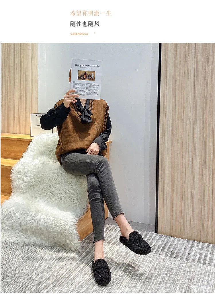 Winter Warm Plush Mules Women One Band Fur Slippers Cozy Cotton Shoes Woman Flats Cover Toe Fleeces Slides Femme Wool Pantuflas