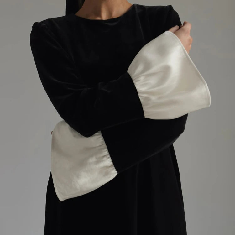 Color Contrast Patchwork Back Neck Buttoned Flared Sleeve Black Long Elegant Autumn Dresses Women