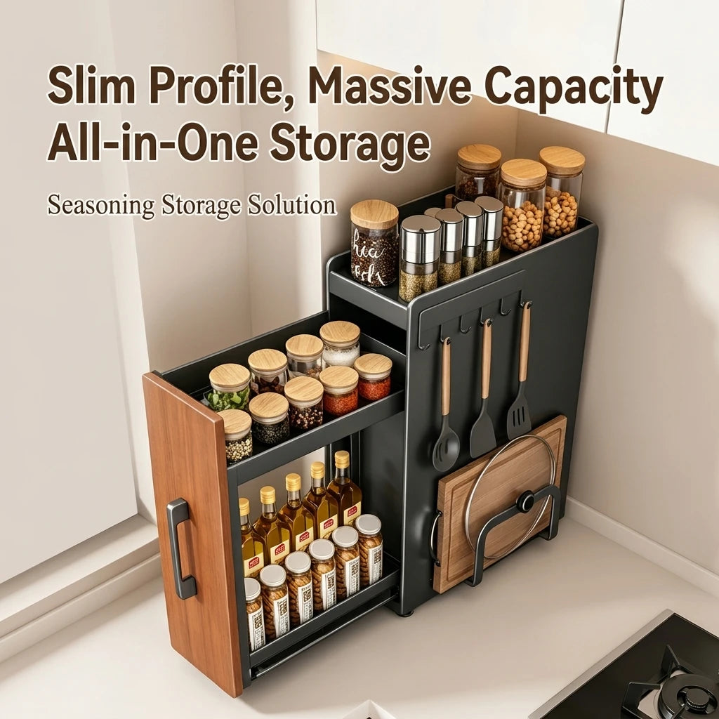 Stable Narrow Pull Multifunctional Kitchen Organizer Spice Storage Cabinet Waterproof Dust-proof Counter Storage Rack pp Double