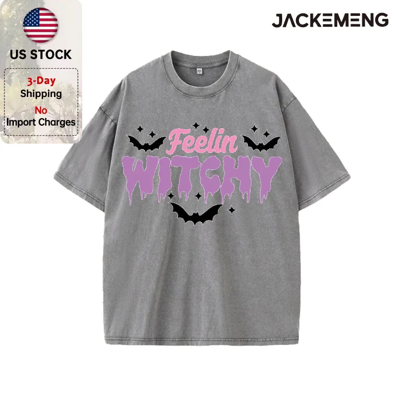 Oversized Washed Retro Halloween Streetwear Print T Shirt USA Stock Wholesale Y2K Casual Tee