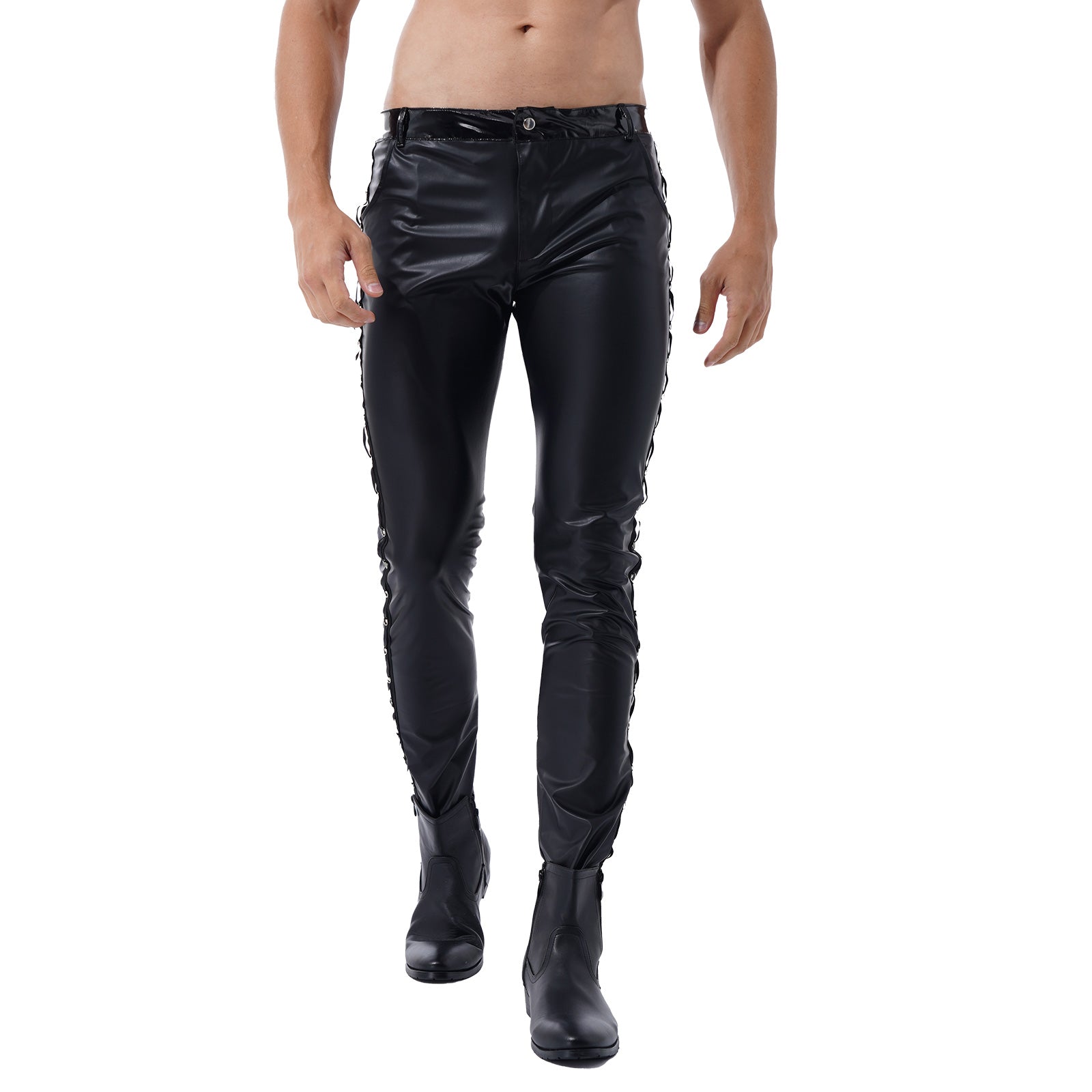 Men Latex Leather Pants Low Waist Faux Leather Shiny Pants Fashion Tight Trousers for Club Stage Show Rock Band Performance