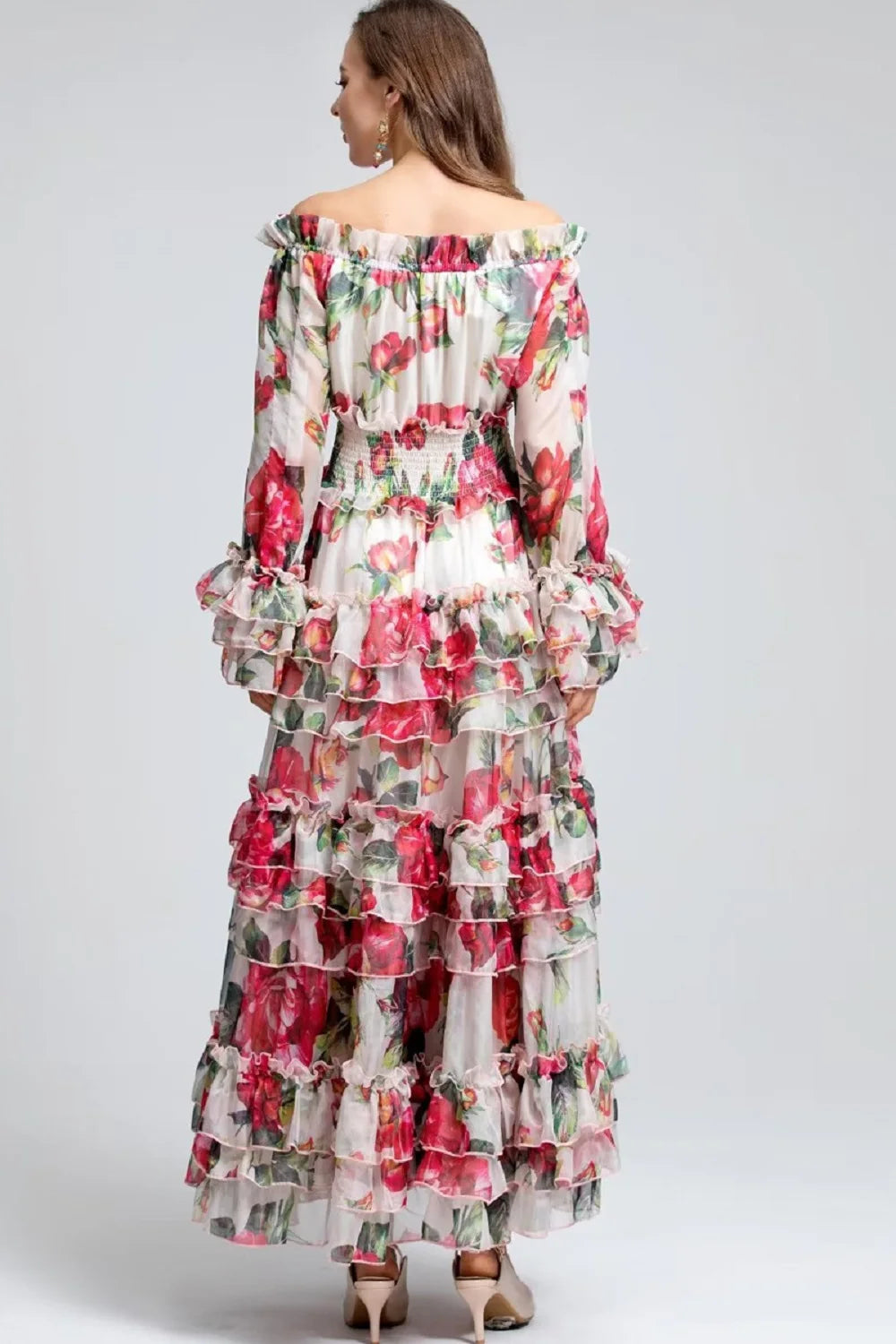 XXL Long Dress 2025 Spring Fashion Women Sexy Slash Neck Red Floral Green Leaves Print Flare Sleeve Casual Bohemia Maxi Dress