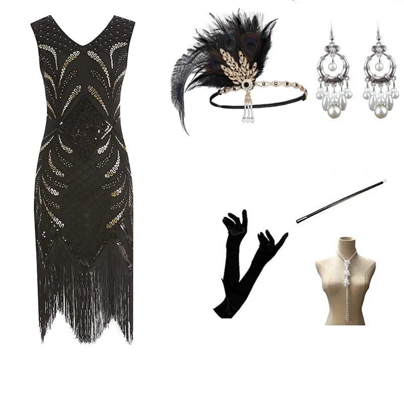Halloween Cosplay Dress for Women 1920s Vintage Flapper Long Fringe Beaded Gatsby Party Dress With 20s Accessories Set