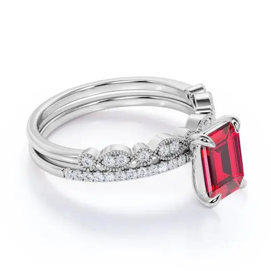1.45 Carat Emerald Cut Ruby Wedding Ring 925 Sterling Silver Rhodium Plating Classic Style Gemstone Anniversary Party Jewelry