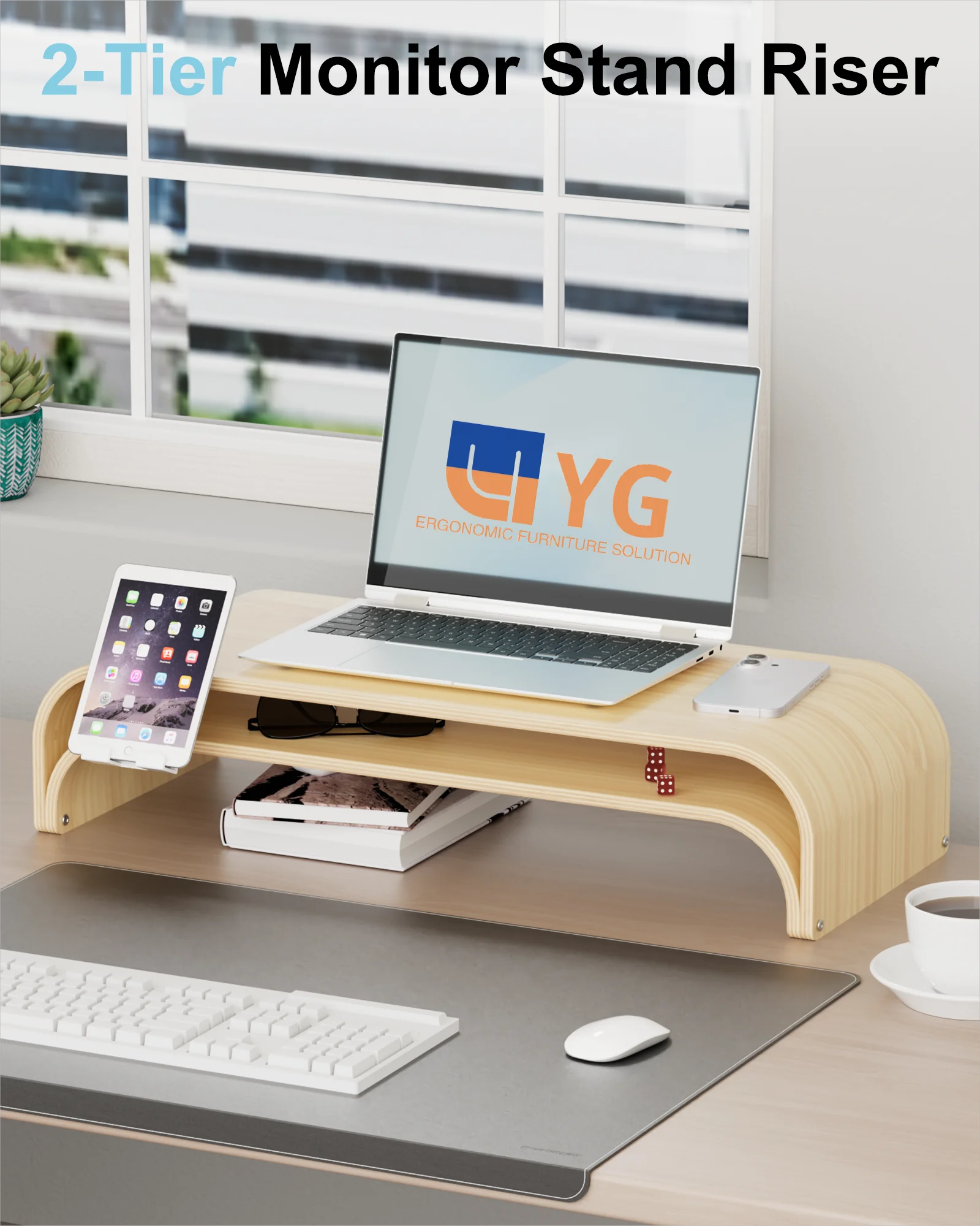 Solid Wood Dual Monitor Stand Riser 2 Tier, 24.1 Inch Desktop Organizer with Phone Holder, Multifunctional Desk Shelf