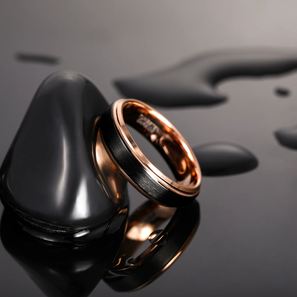 OAHLAN Fashion Jewelry 6/8mm Brushed Rose Gold and Black Tungsten Carbide Rings for Men Women Anti Rust Wedding Engagement Bands