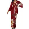 Hot Selling Flower Polynesian Tribal Bell Sleeve V Neck Long Maxi Slit Dress Custom Plus Size Womens Dresses Island Style Dress