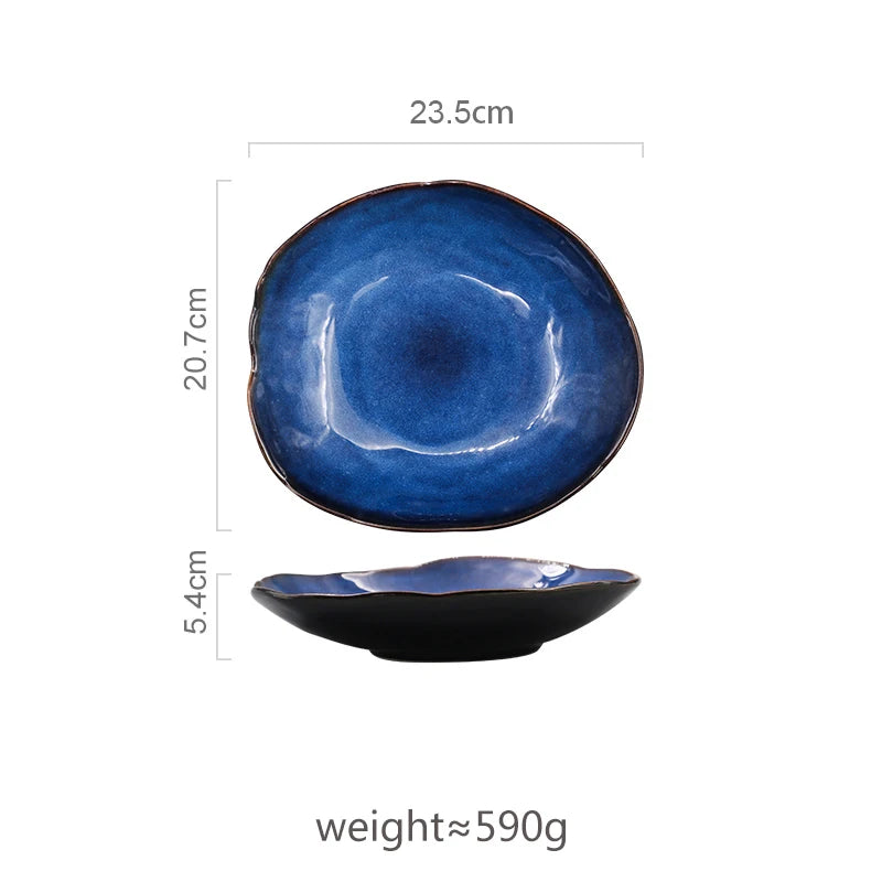 Ceramic Plate Irregular Dish Tableware Series Western Food Plate European Blue Color Glaze Salad Bowl Main Dish Kitchen Supplies