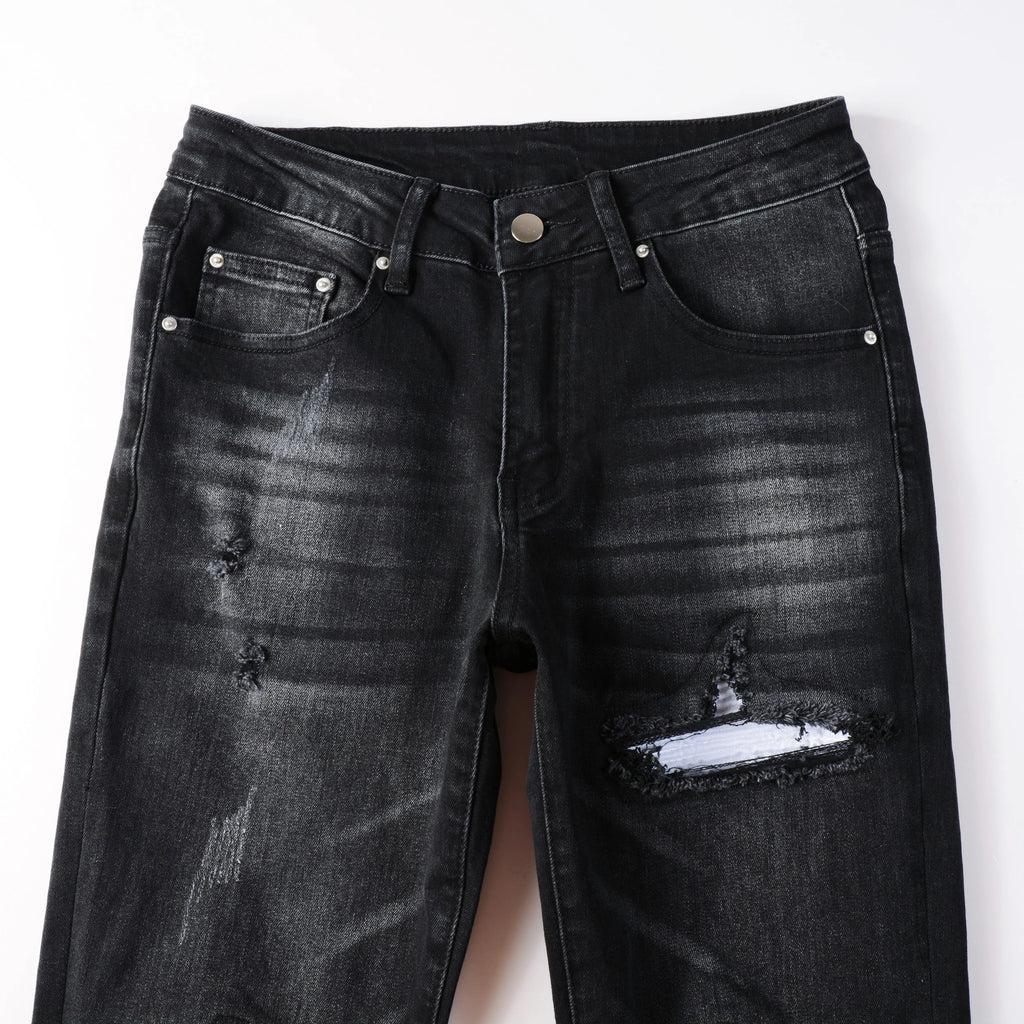 Wholesale Slim Fit Distressed Designer Patchwork Jeans Printed Patch Black Denim Trousers for Men Streetwear Winter Blue Hip Hop
