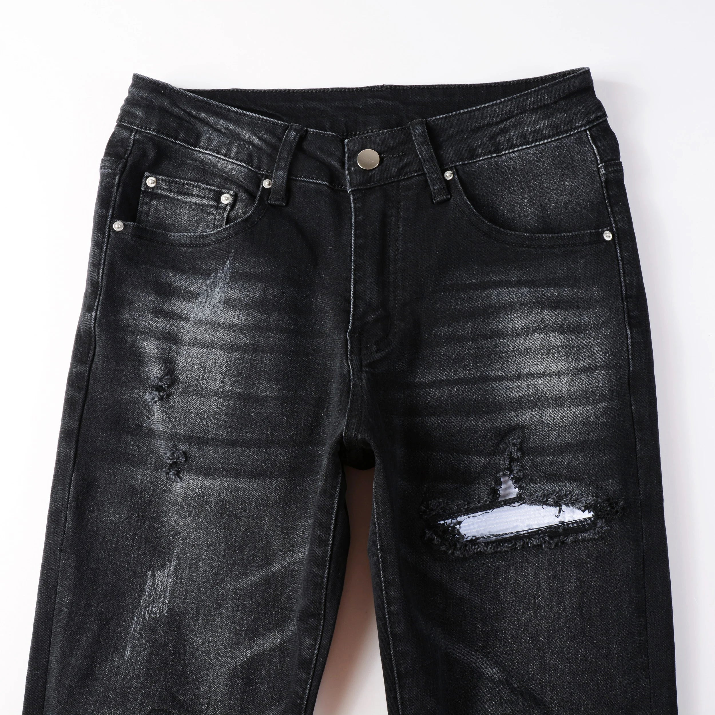 Wholesale Slim Fit Distressed Designer Patchwork Jeans Printed Patch Black Denim Trousers for Men Streetwear Winter Blue Hip Hop