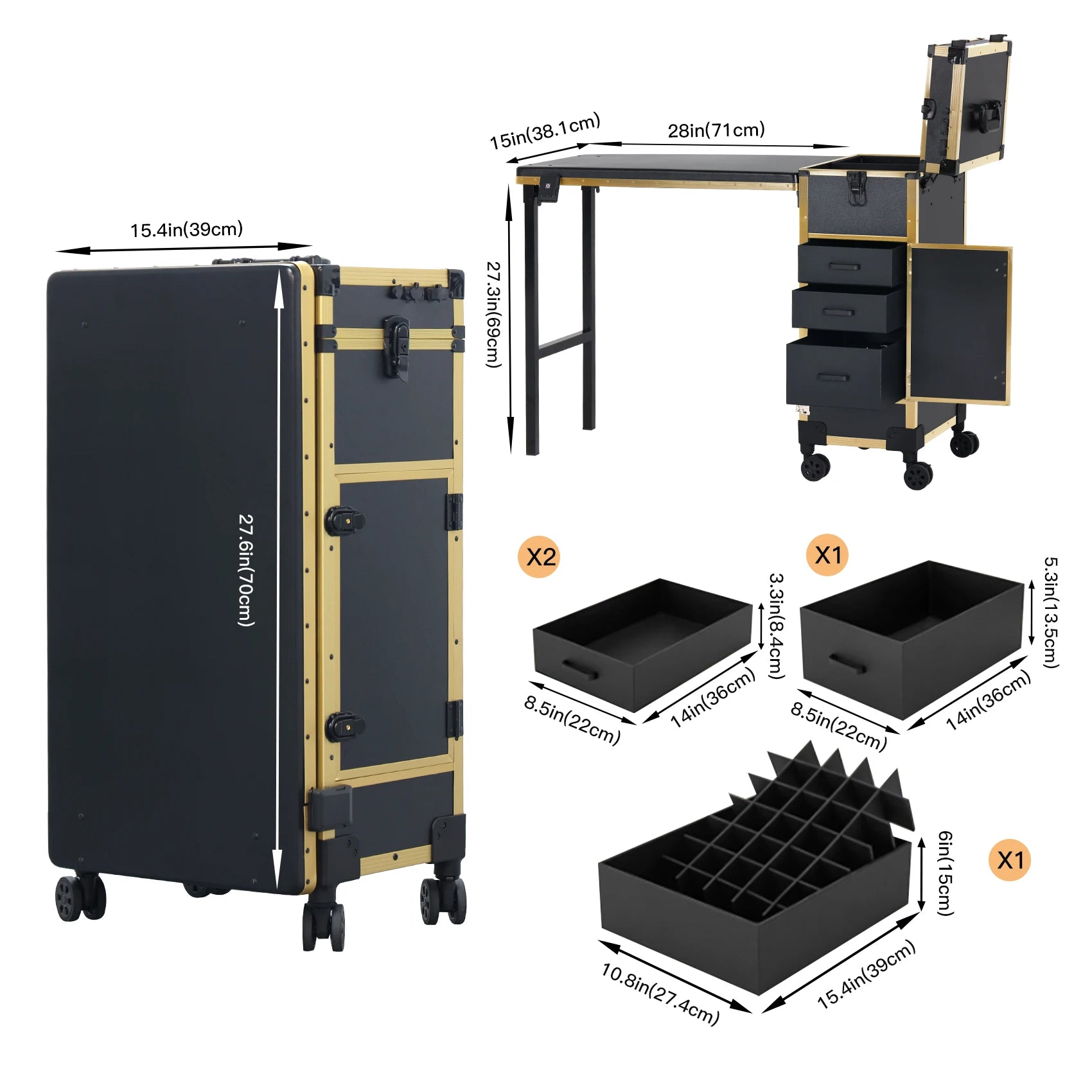 OBox Portable Wood Metal Makeup Rolling Case Manicure Dressing Desk Individual Compartments Foldable Modern/Classic Nail Table