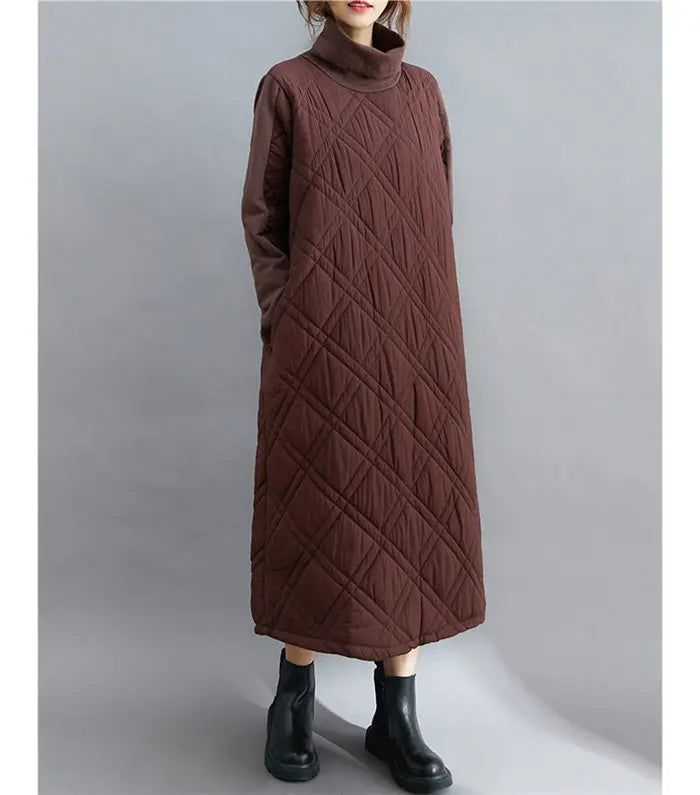 Retro Quilted Diamond Dress Thick Stitching Warm Autumn Winter Clothing New Women's High-Neck Casual Long Tunic y750